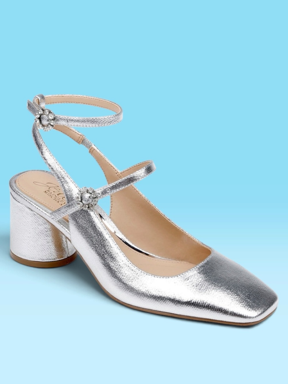Jewel Badgley Mischka Keilani Block Round Heeled Mary Jane in silver Size 9 NWOB